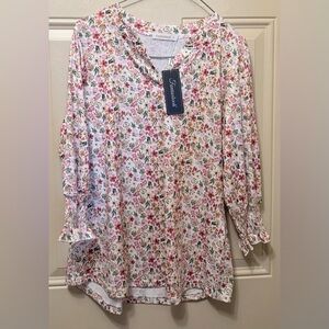 Fantaslook Flower Print Tunic Top with Smocked Sleeves Size Medium